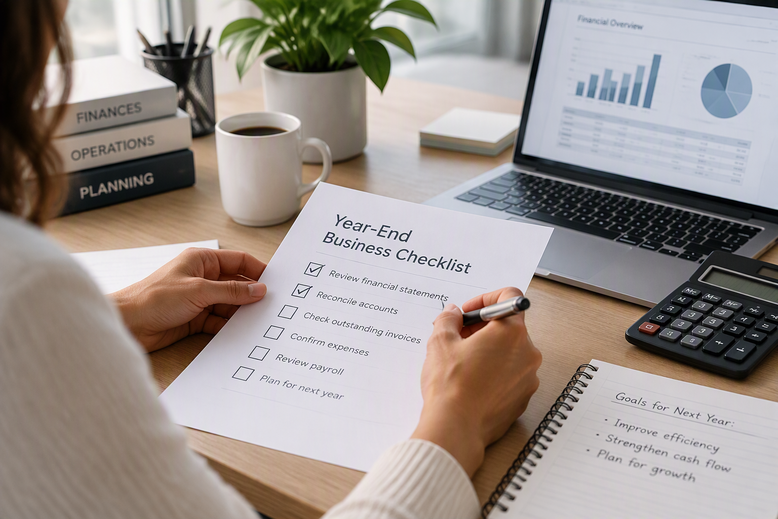 Year-end records checklist with a calculator and organized business documents