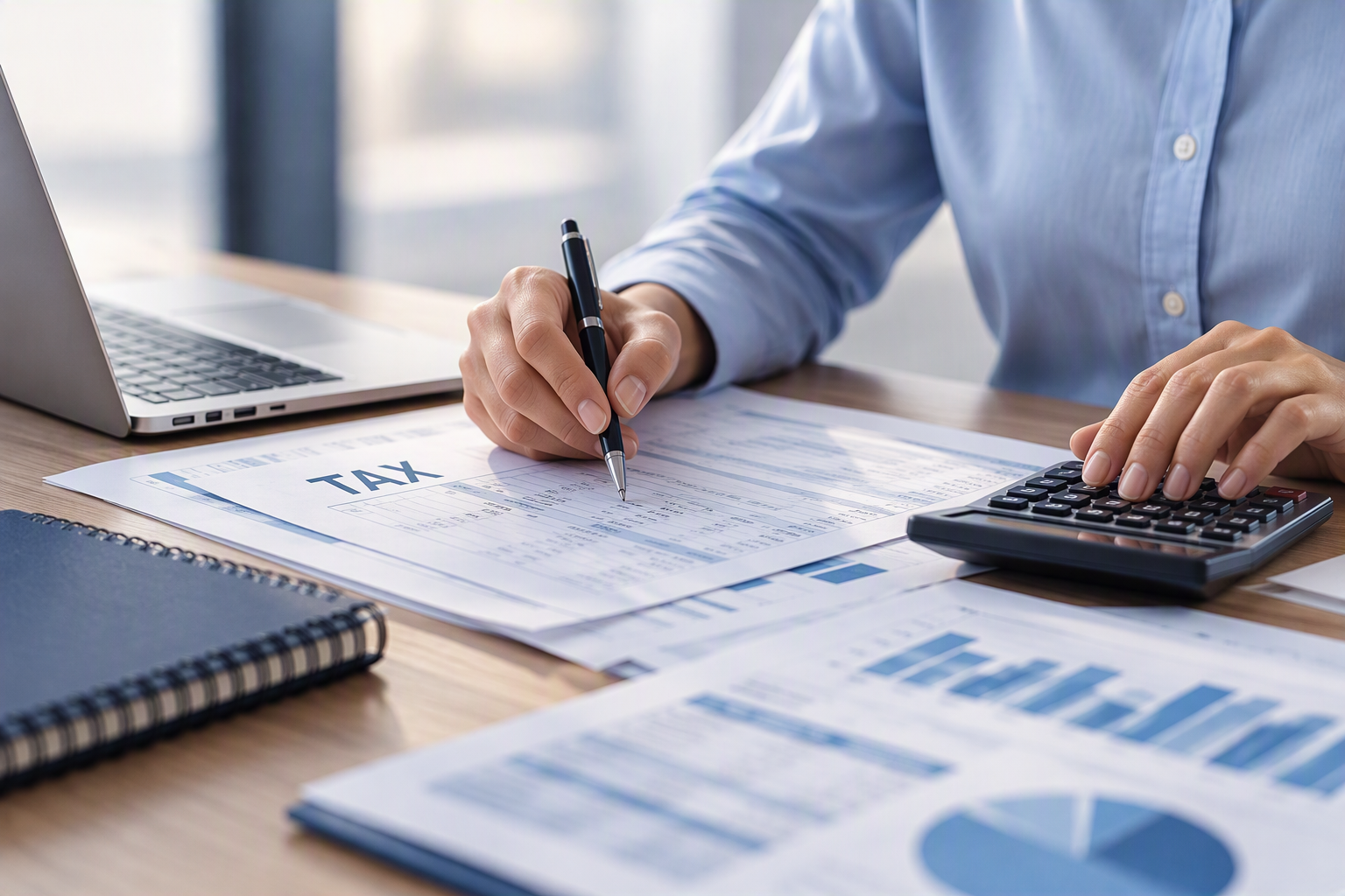 Person reviewing financial records for year-end tax planning.