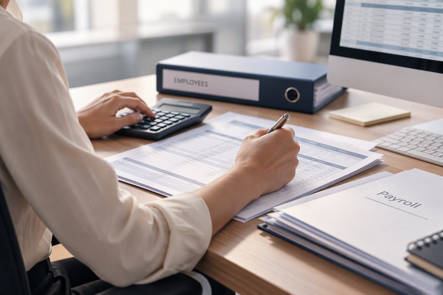 Person reviewing year-end payroll records and checking payroll calculations.