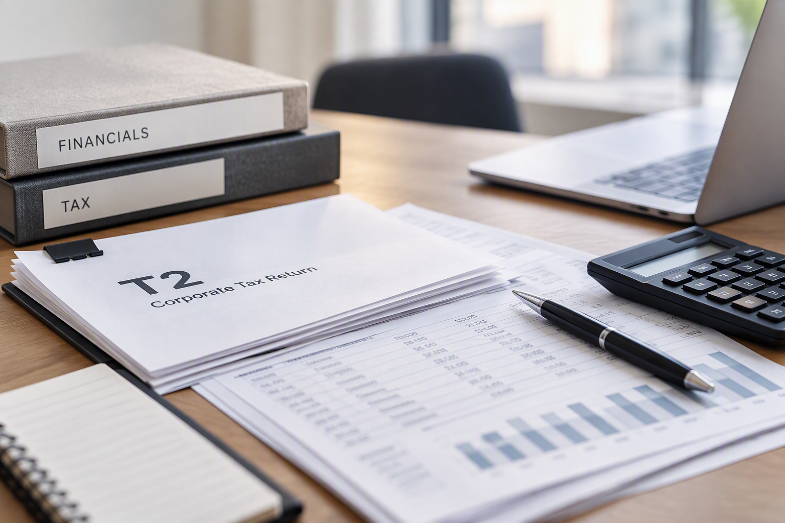 Corporate tax return documents organized with financial statements, tax records, a calculator and a laptop.