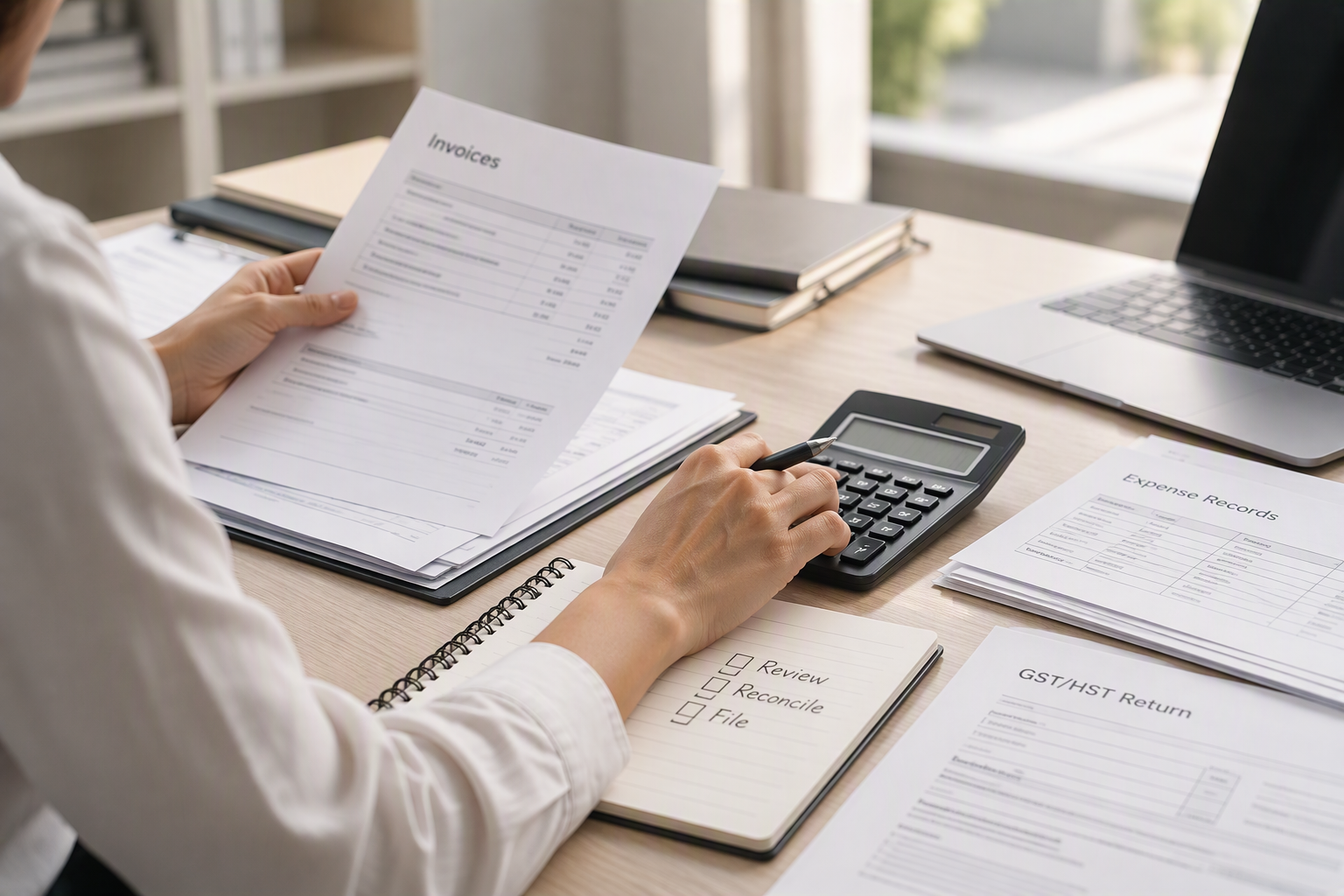 GST/HST filing readiness review with invoices, expense records, a calculator and supporting documents.