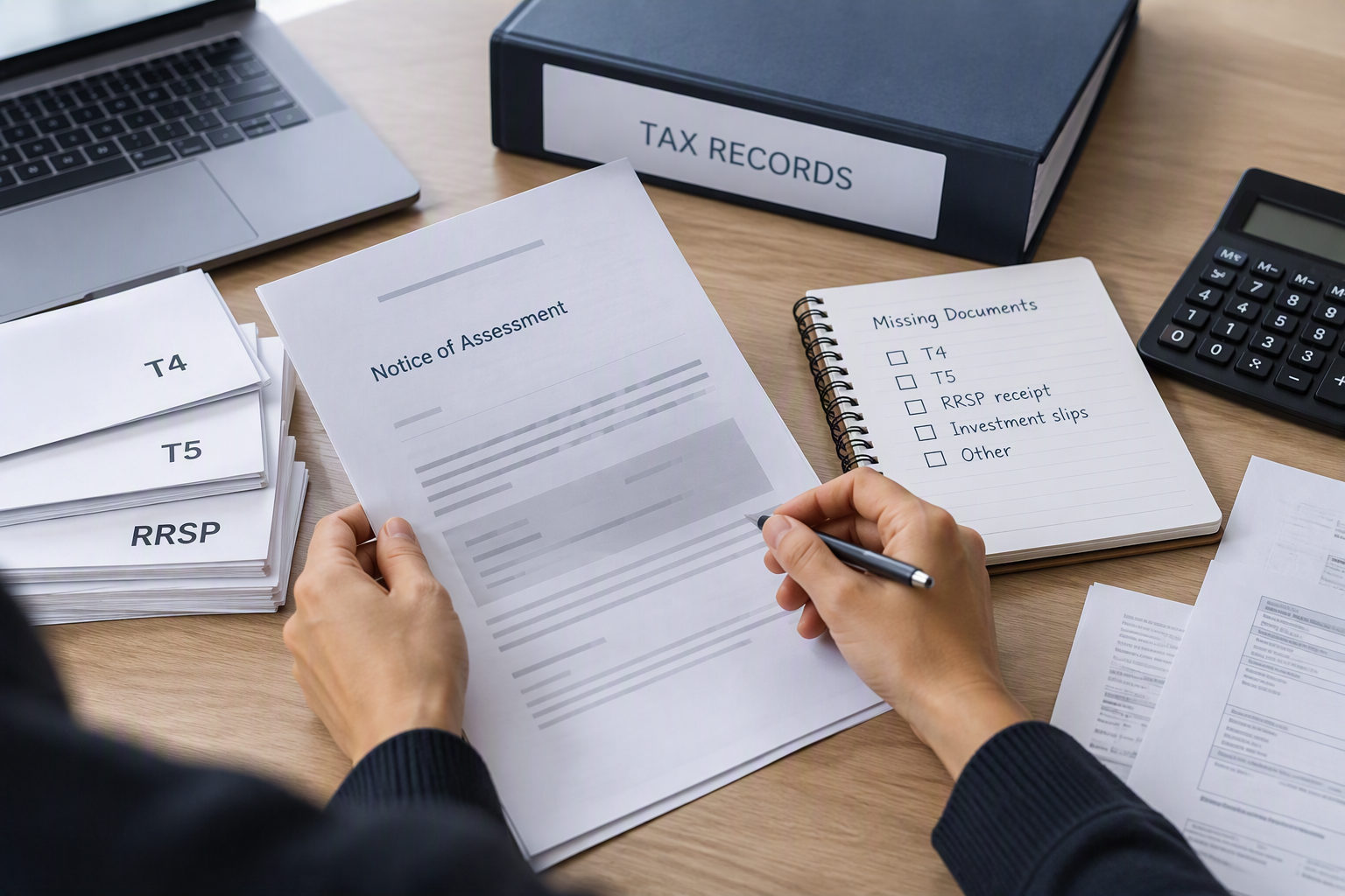 Incomplete tax records review with a notice of assessment, missing-document checklist and tax slips.