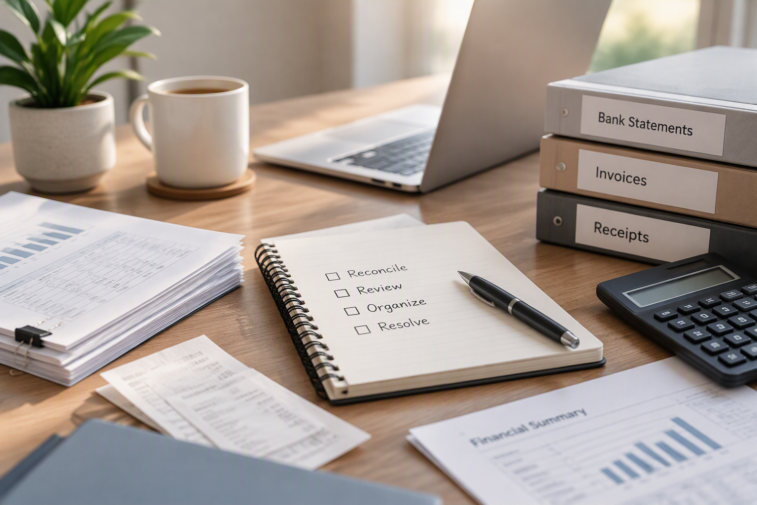 Bookkeeping cleanup checklist with bank statements, invoices, receipts and reconciliation records.