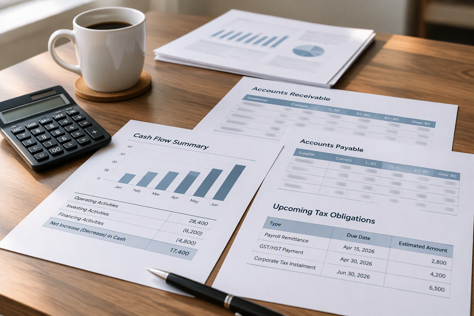 Cash flow taxes and bookkeeping review with receivables, payables, tax obligations and financial reports.