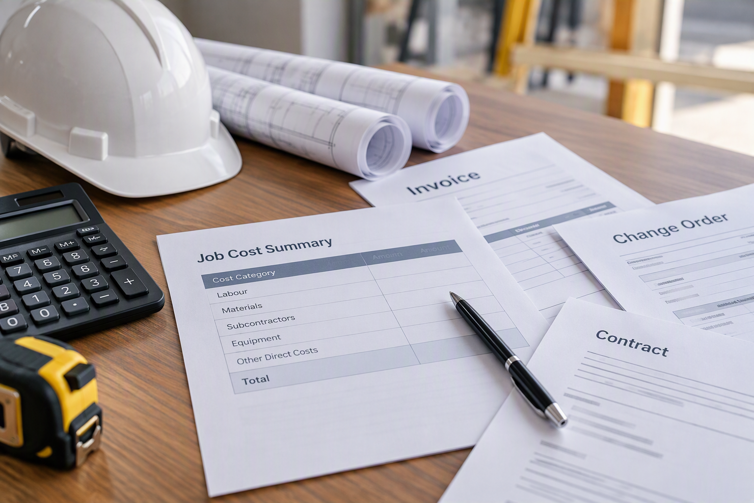 Construction bookkeeping records, invoices, and project cost documents for a Canadian contractor
