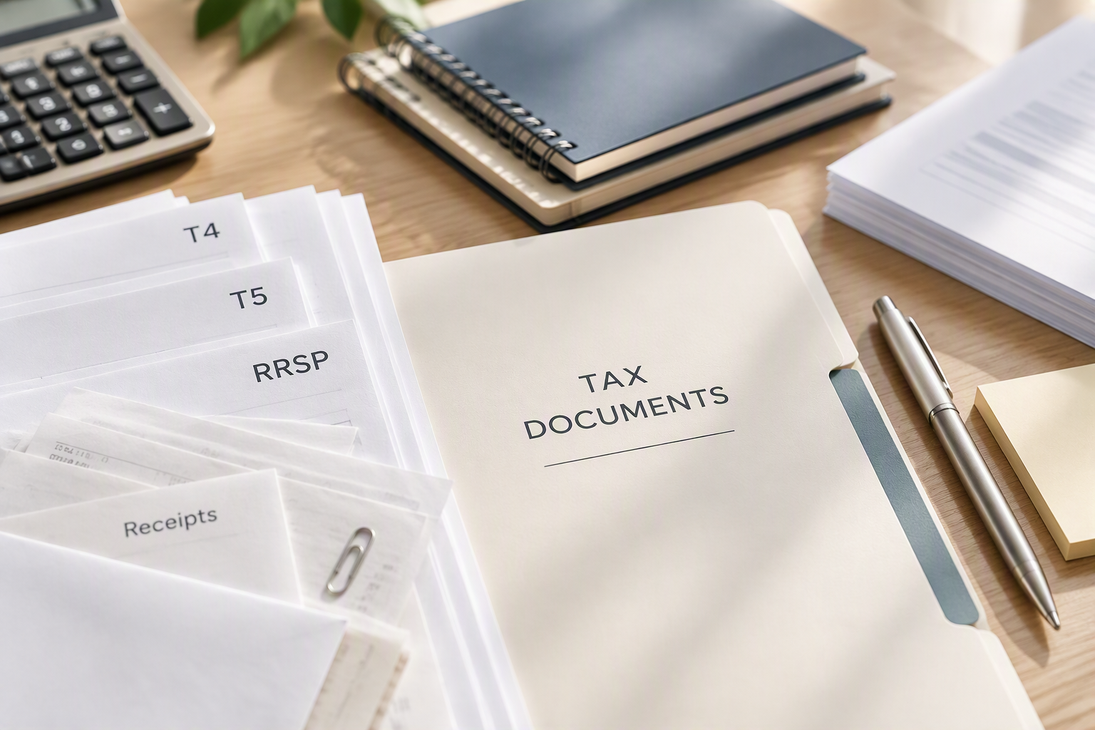 Personal tax organizer with tax documents, income slips, receipts and contribution records.